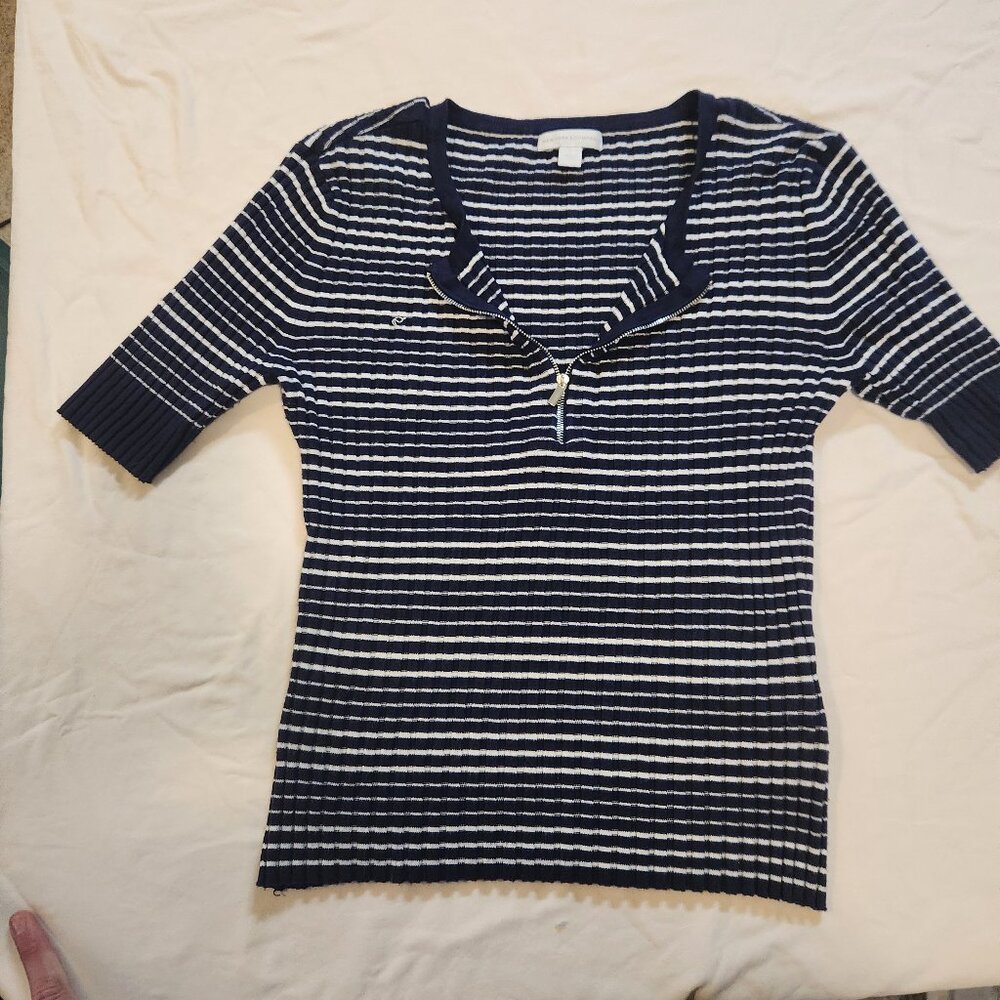 New York and Company Blue and White Striped Woven Sweater-like Top
